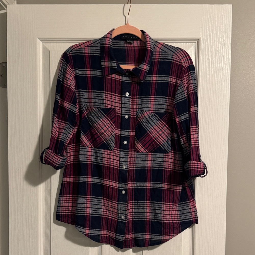 Sanctuary Plaid Button Down Shirt - Navy and Pink
